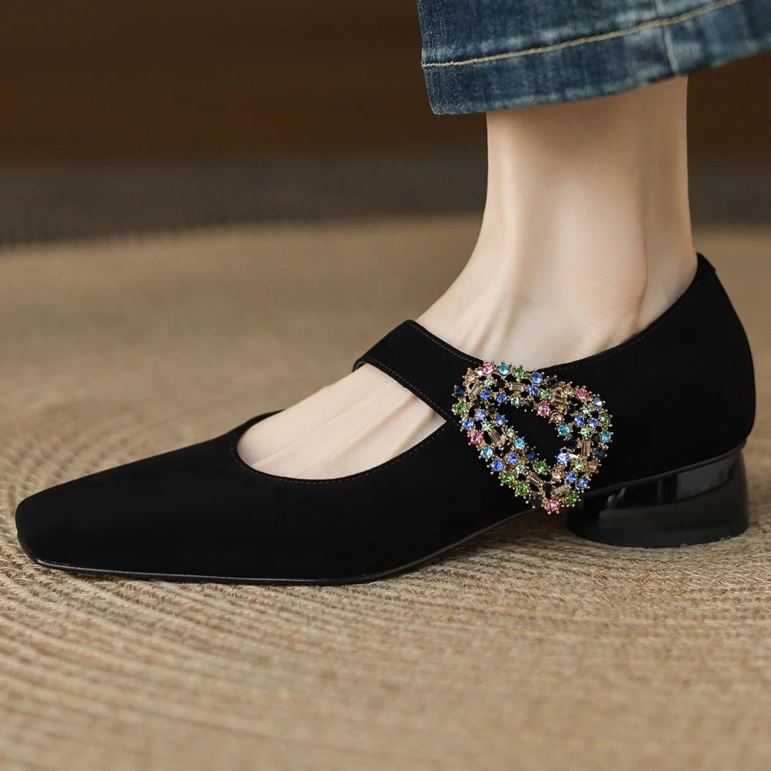 Escarpins Mary Jane à enfiler en cuir suédé naturel pour femmes, boucle en cristal, bout carré, talo
