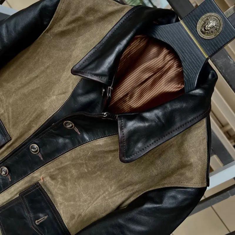Veste en cuir marron de style rétro décontracté pour homme, cuir de cheval naturel et toile épissés,