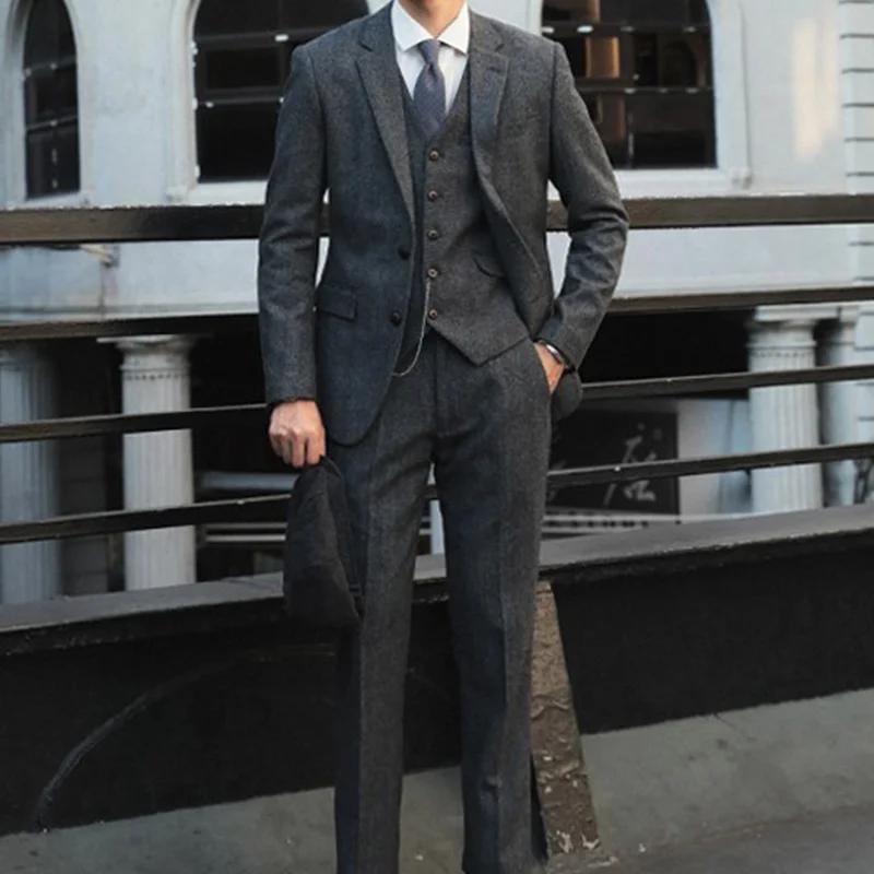 Costume trois pièces rétro britannique Yuppie pour hommes, Style Peaky Blinders, en laine Tweed, à c