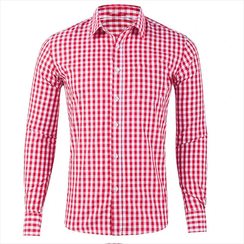 Chemise homme chemise boutonnée rouge bleu manches longues plaid/check revers street resort imprimé