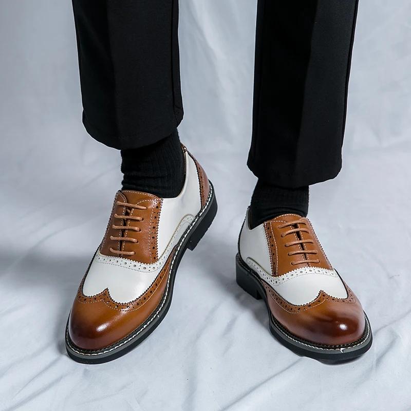 Chaussures en cuir britanniques pour hommes, couleur assortie, blanc, marron, affaires décontractées