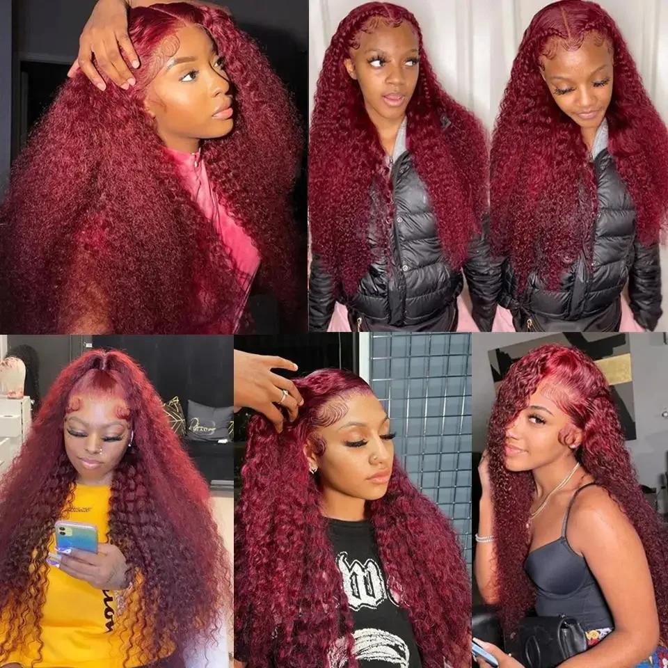 Perruque Deep Wave Lace Frmeds Naturelle pour Femme, Cheveux Bouclés, Bordeaux, HD, Densité 250, 30