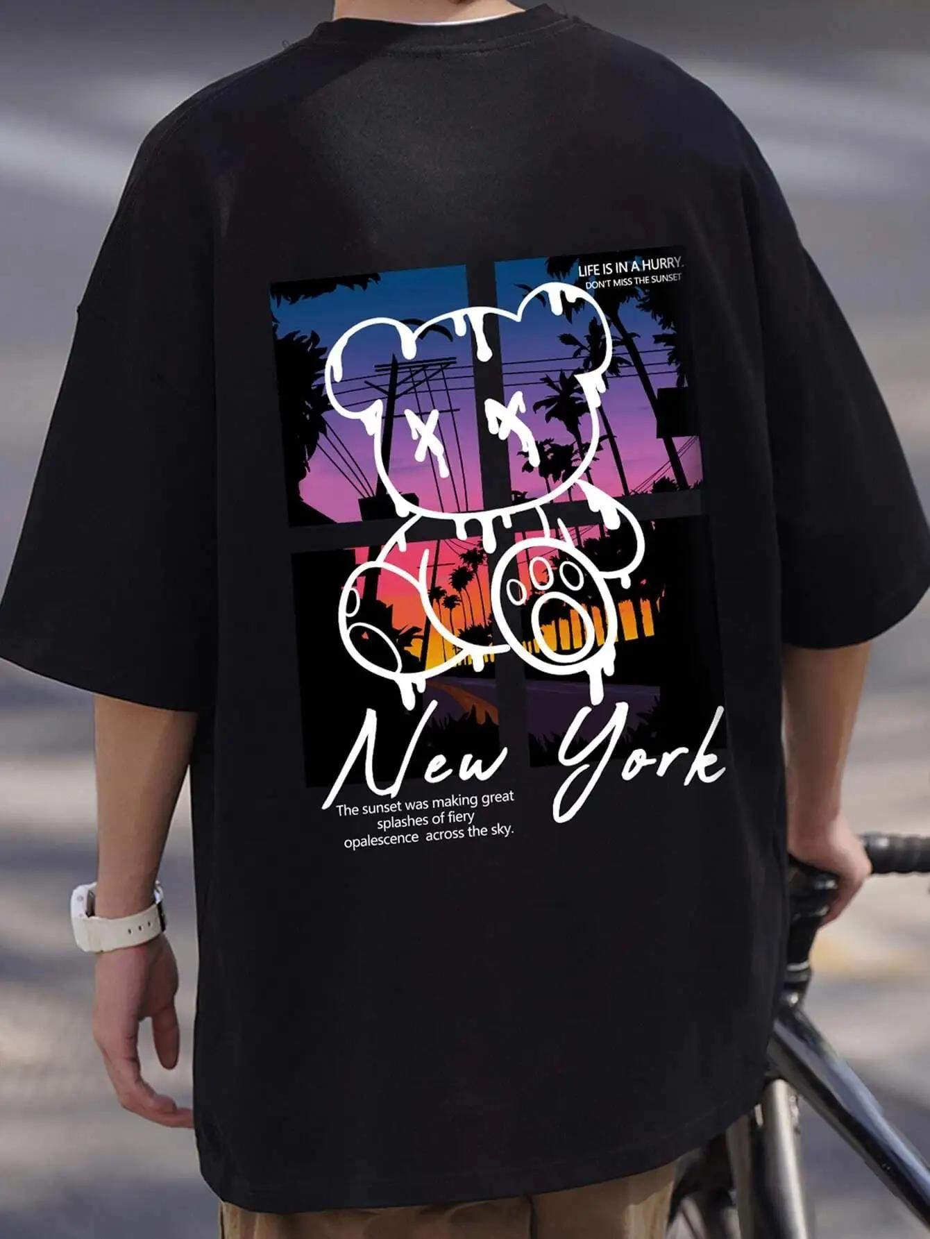 New York Art mot dessin animé ours coucher de soleil paysage conception t-shirts hommes mode coton c