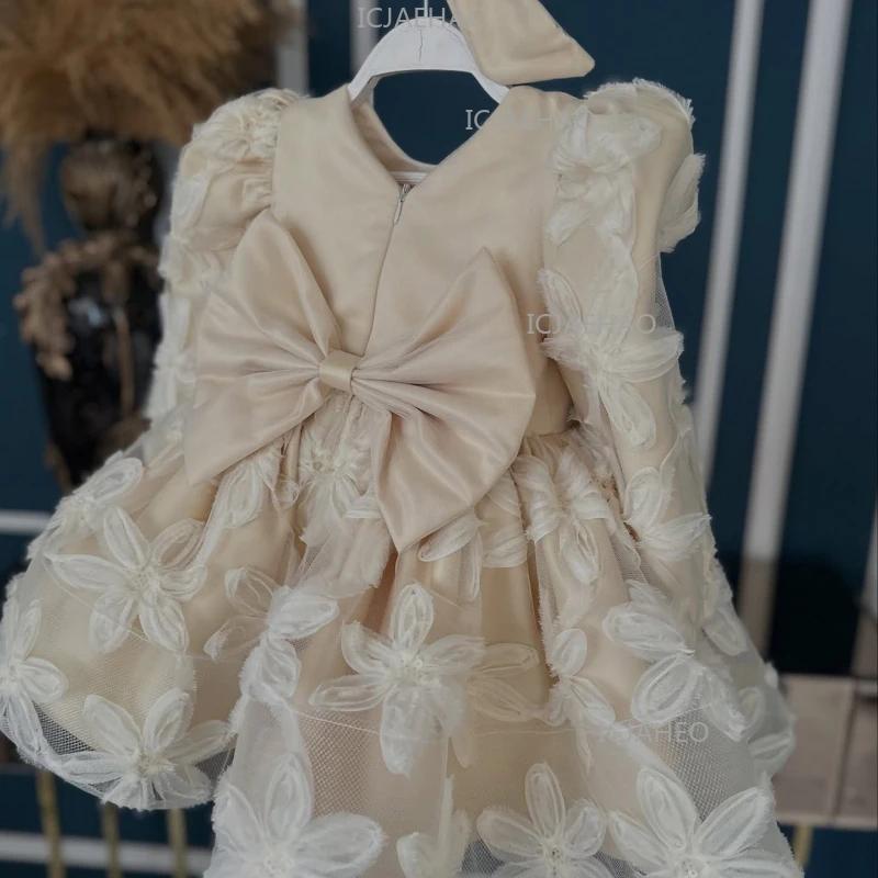 Nouvelle Robe de Princesse en Satin à Manches Longues avec Nœud pour Filles 2026 – Tenue de Cérémoni
