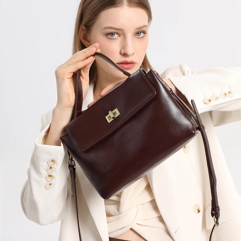 Sac à bandoulière en cuir véritable pour femme, sac à main vintage en cuir huilé, petit sac de luxe
