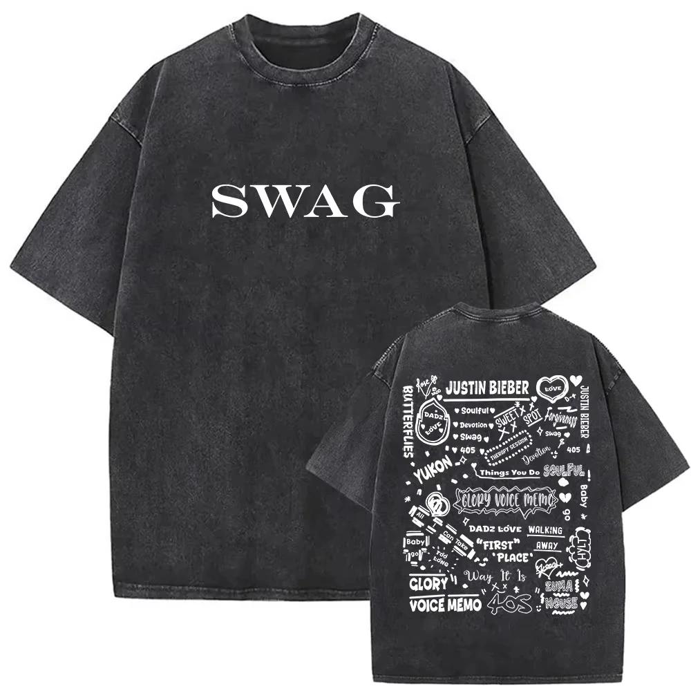 T-shirts vintage délavés Justin Bieber SWAG Album 2026 pour hommes, style streetwear hip-hop, manche