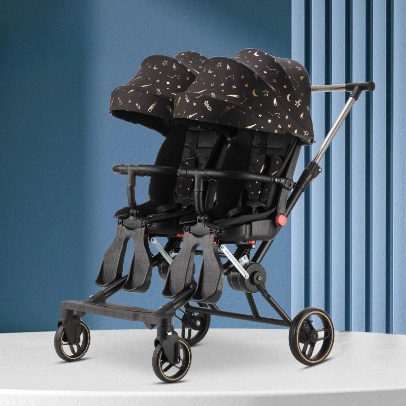 Poussette double réversible Cadre 4WD en acier au carbone avec auvent UV, landau pliable à une m