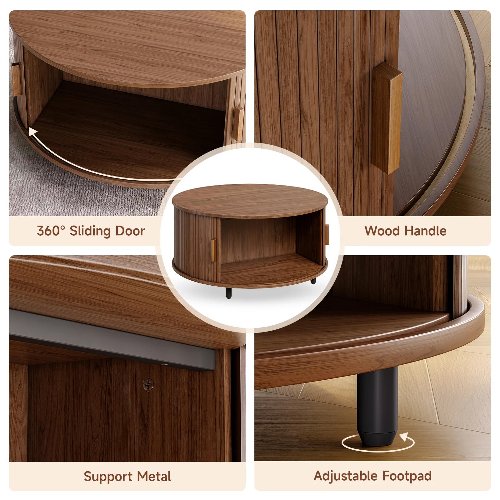 Table basse ronde avec rangement, table basse moderne de 31,5 po avec 360 ° Porte coulissante incu
