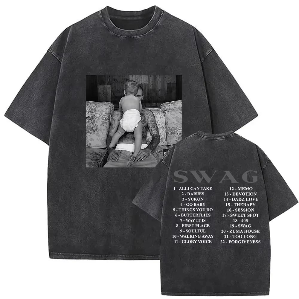 T-shirts vintage délavés Justin Bieber SWAG Album 2026 pour hommes, style streetwear hip-hop, manche