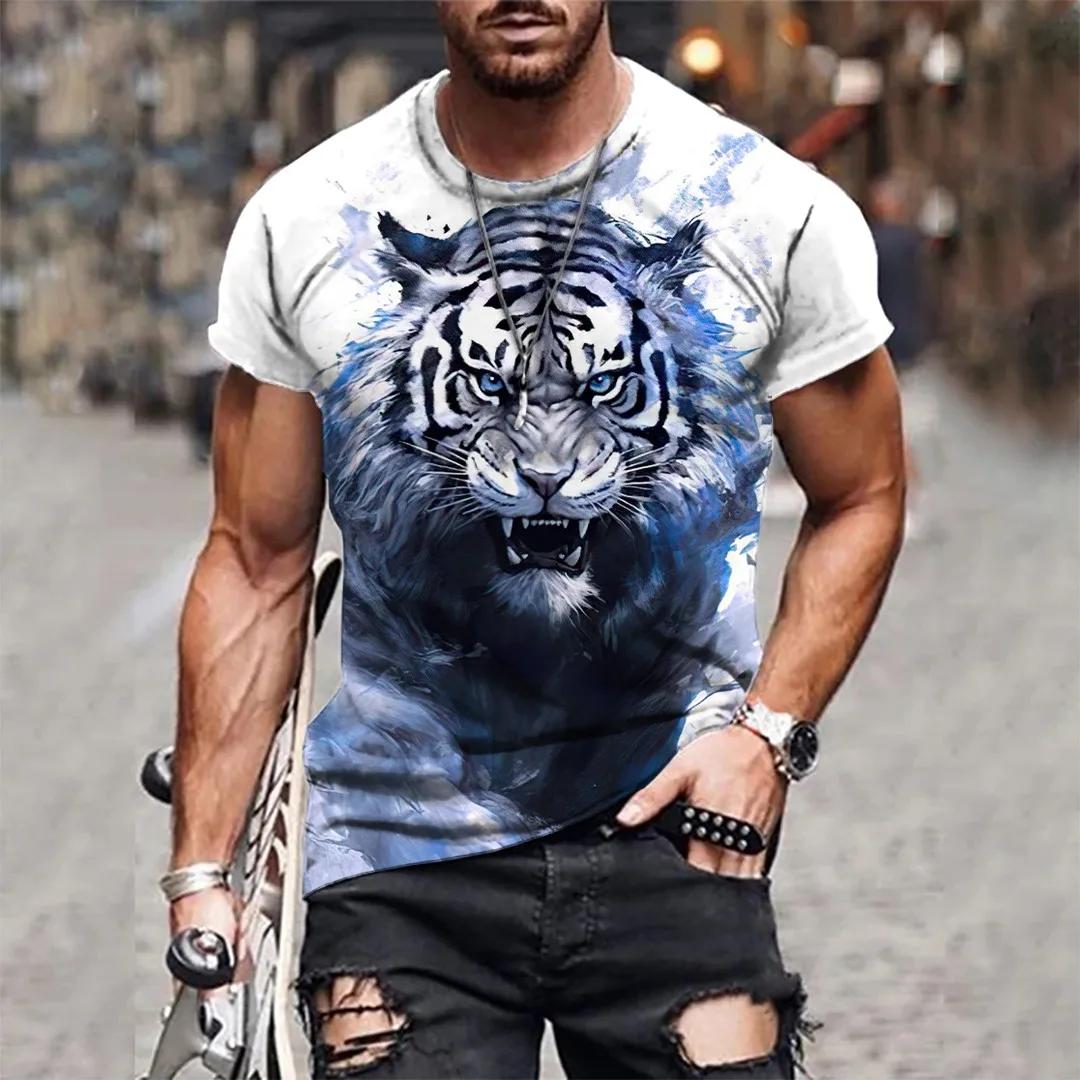 T-shirt à manches courtes et col rond pour hommes, imprimé tigre 3D, respirant, extensible, décontra