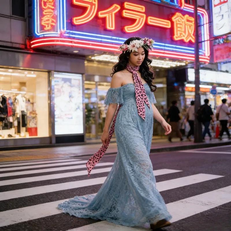 Jupe longue traînante en dentelle européenne et américaine à manches courtes pour la photographie de