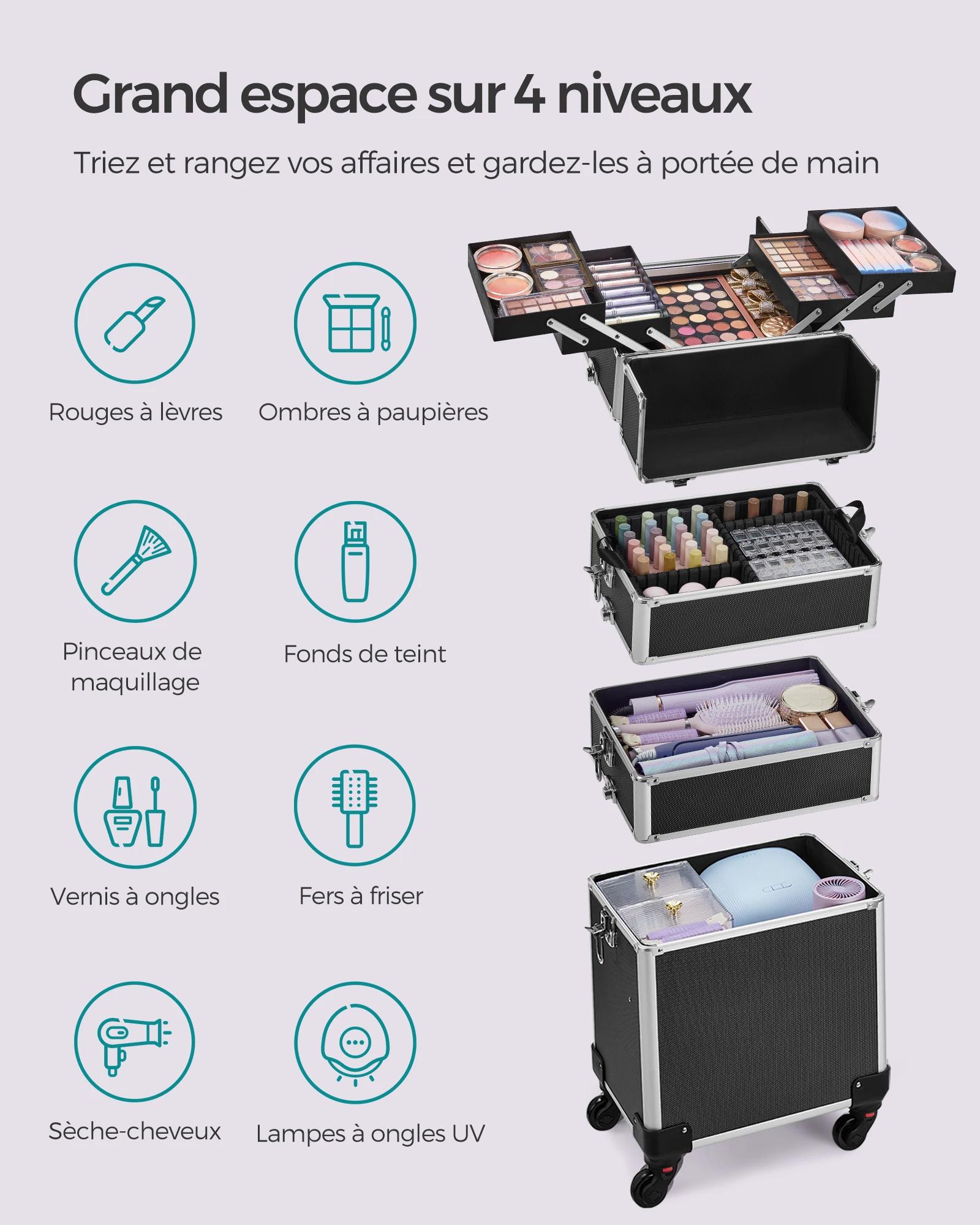 Coffret à Maquillage 4 en 1, Valise à Maquillage, Verrouillable, Roulettes, Noir