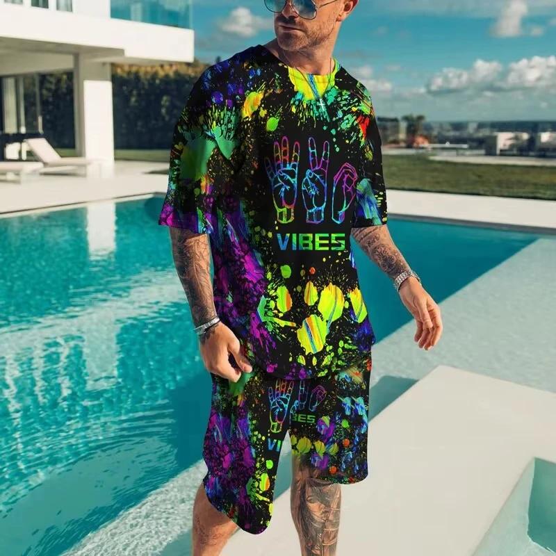Vêtements de sport pour hommes à la mode été plage à manches courtes chemise imprimée en 3D ensemble