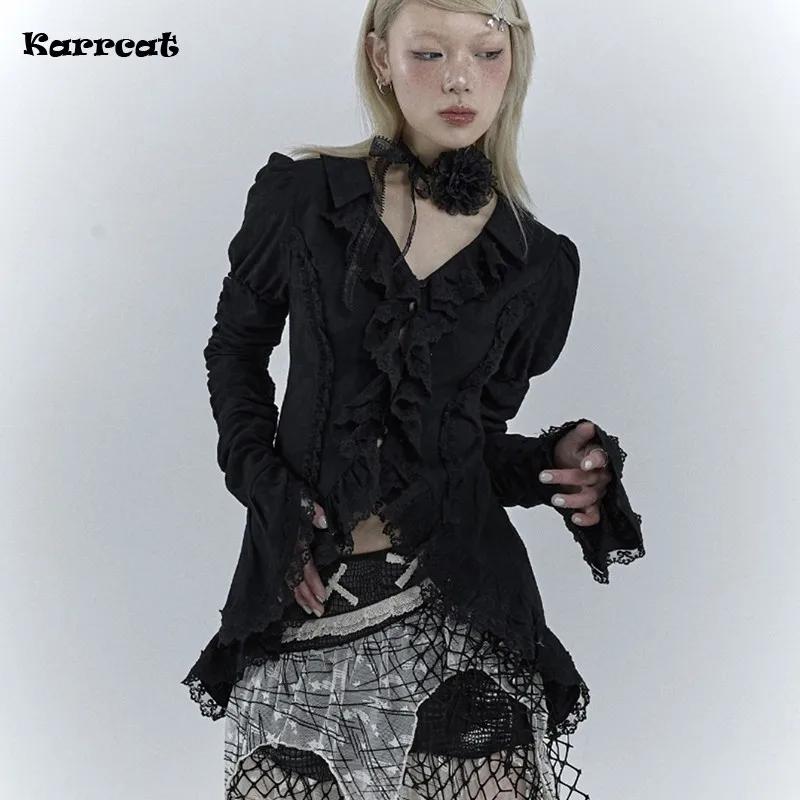 Karrcat-Chemise gothique en dentelle noire, chemisiers irréguliers esthétiques foncées, style CHRIST