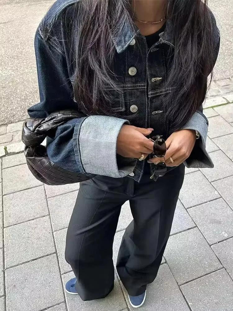 HH femmes mode Denim ensemble décontracté revers à manches longues veste courte boutons femme Vintag