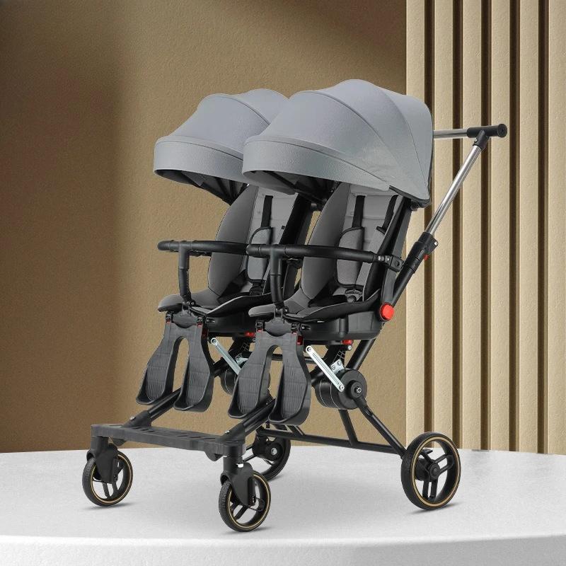 Poussette double réversible Cadre 4WD en acier au carbone avec auvent UV, landau pliable à une m