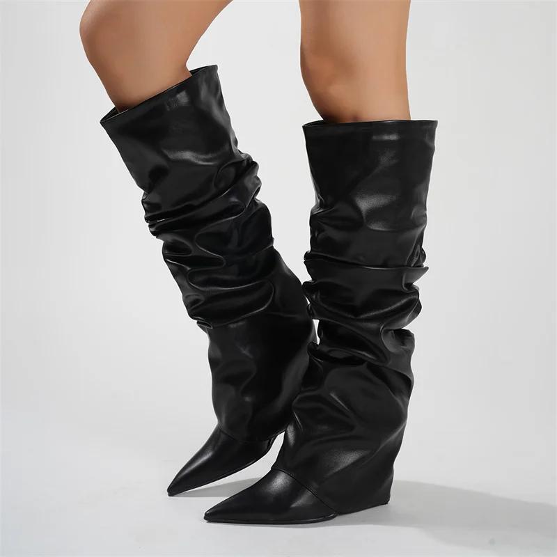Bottes hautes plissées en cuir noir pour femmes, chaussures à semelles compensées, Sexy, à bout poin
