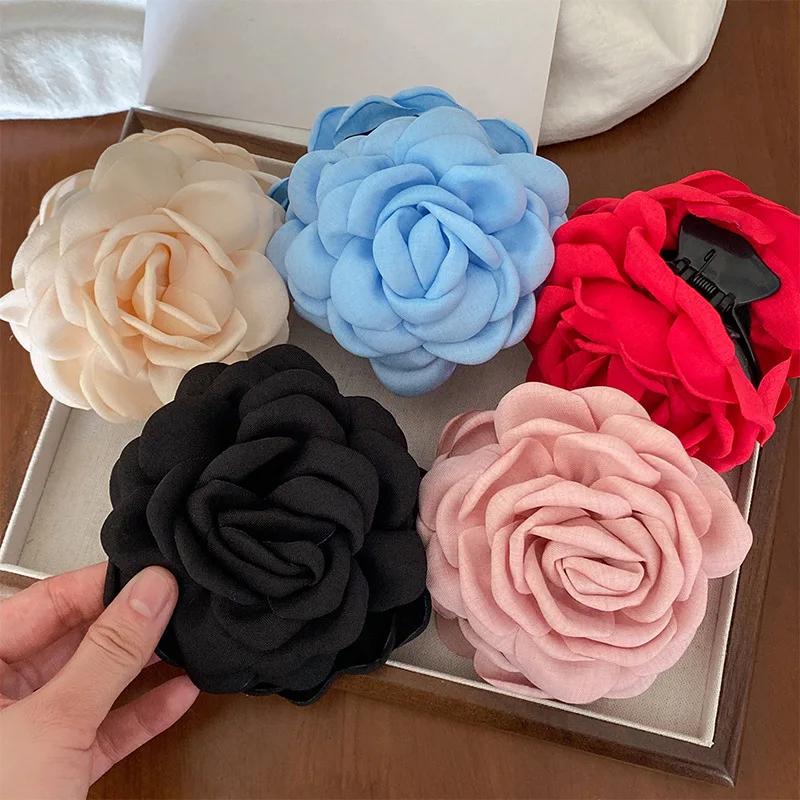 Pince à cheveux française romantique en forme de fleur de Rose pour femmes, grande pince à requin él