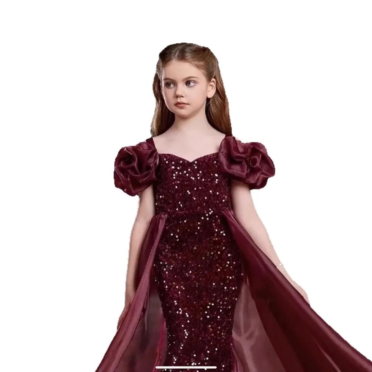 Nouvelle robe de princesse sirène à paillettes pour filles 2026, robe élégante rouge pour spectacle