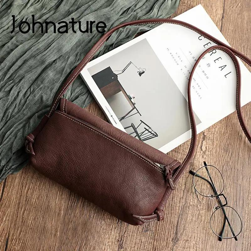 Sac à main pour femme en cuir de vache souple rétro fait à la main par Johnature, nouveau modèle 202