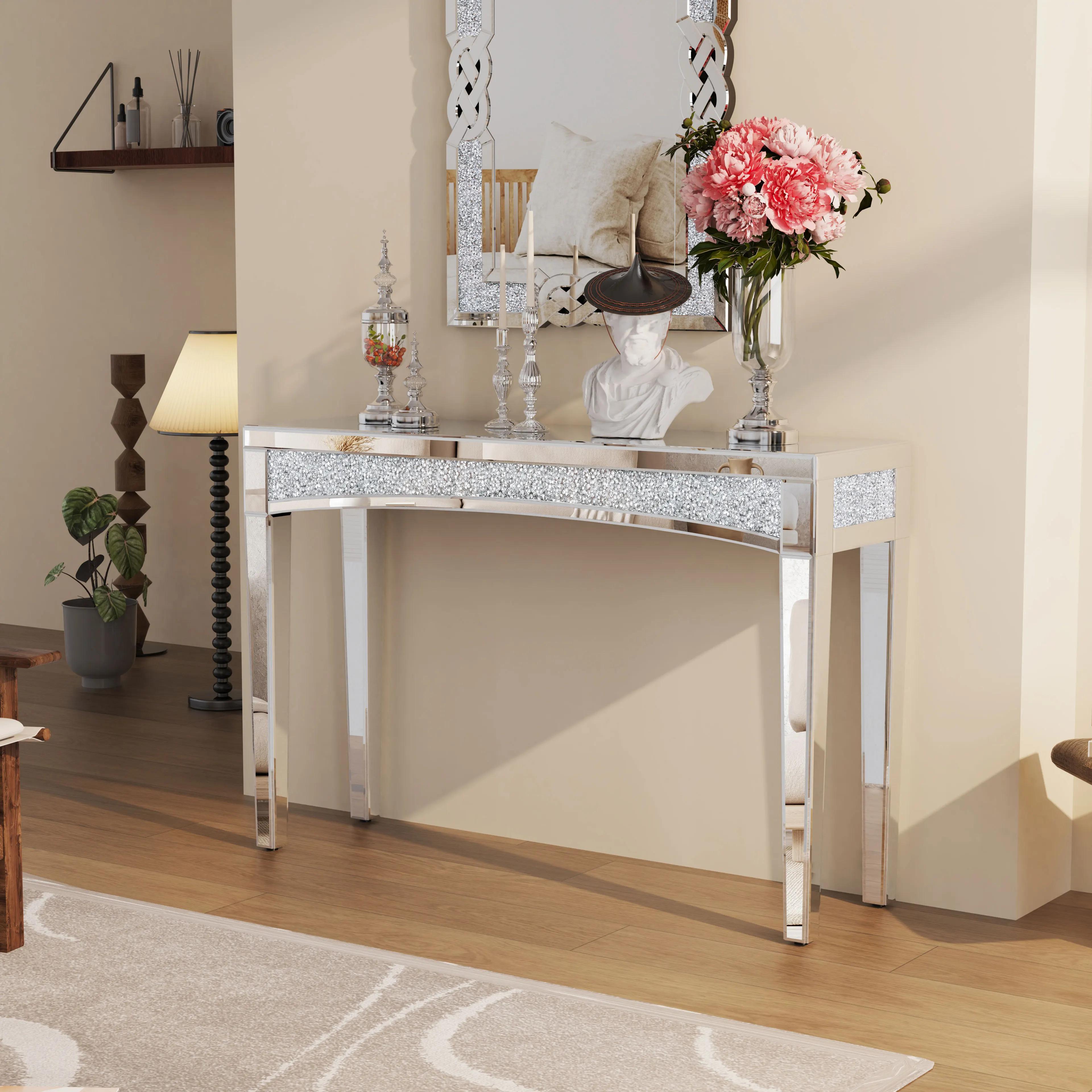 Table console miroir argentée avec incrustation de cristal, bureau, canapé, salon, entrée, foyer, 47