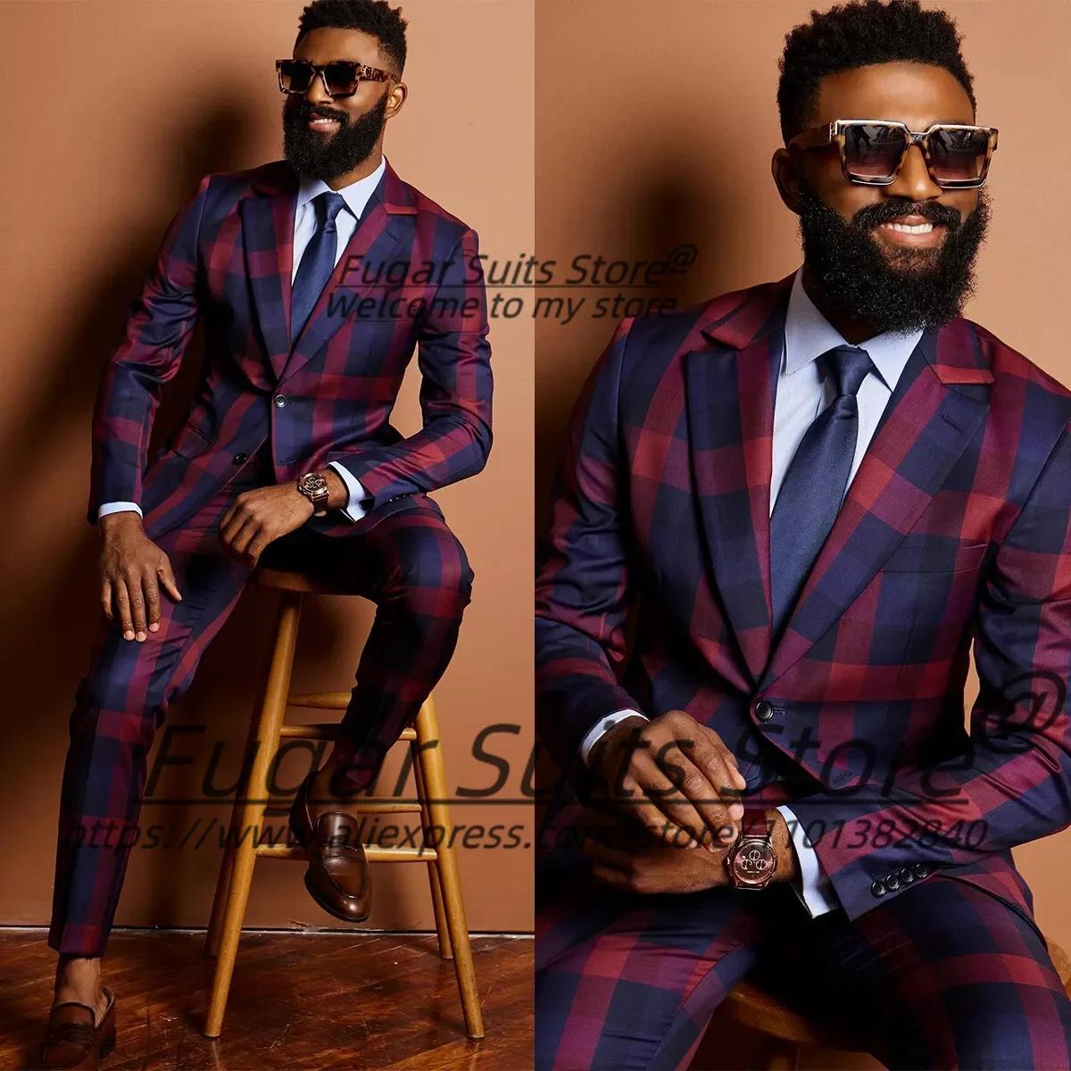 Costumes d'affaires à carreaux pour hommes, sur mesure, coupe ajustée, revers cranté, pour marié, ma