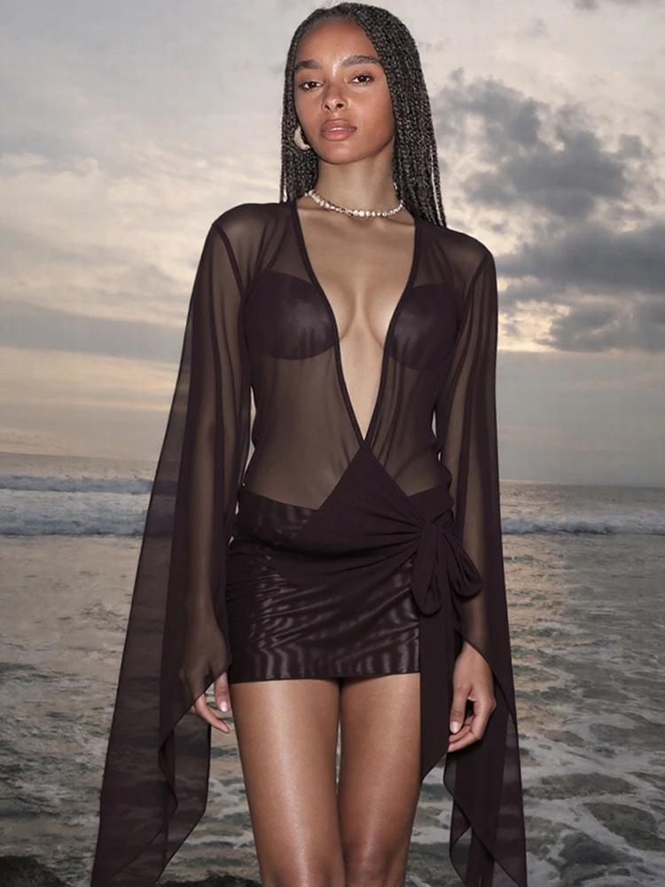 Kliou maille irrégulière femmes Mini robe Sexy voir à travers Chic à manches longues col bas profond
