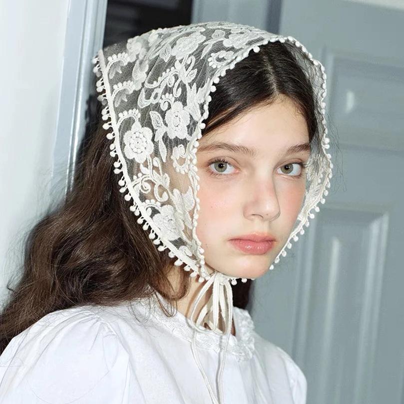 Foulard en dentelle florale tissée blanche pour femmes, enveloppe rétro Triangle, chapeau, bandeau P