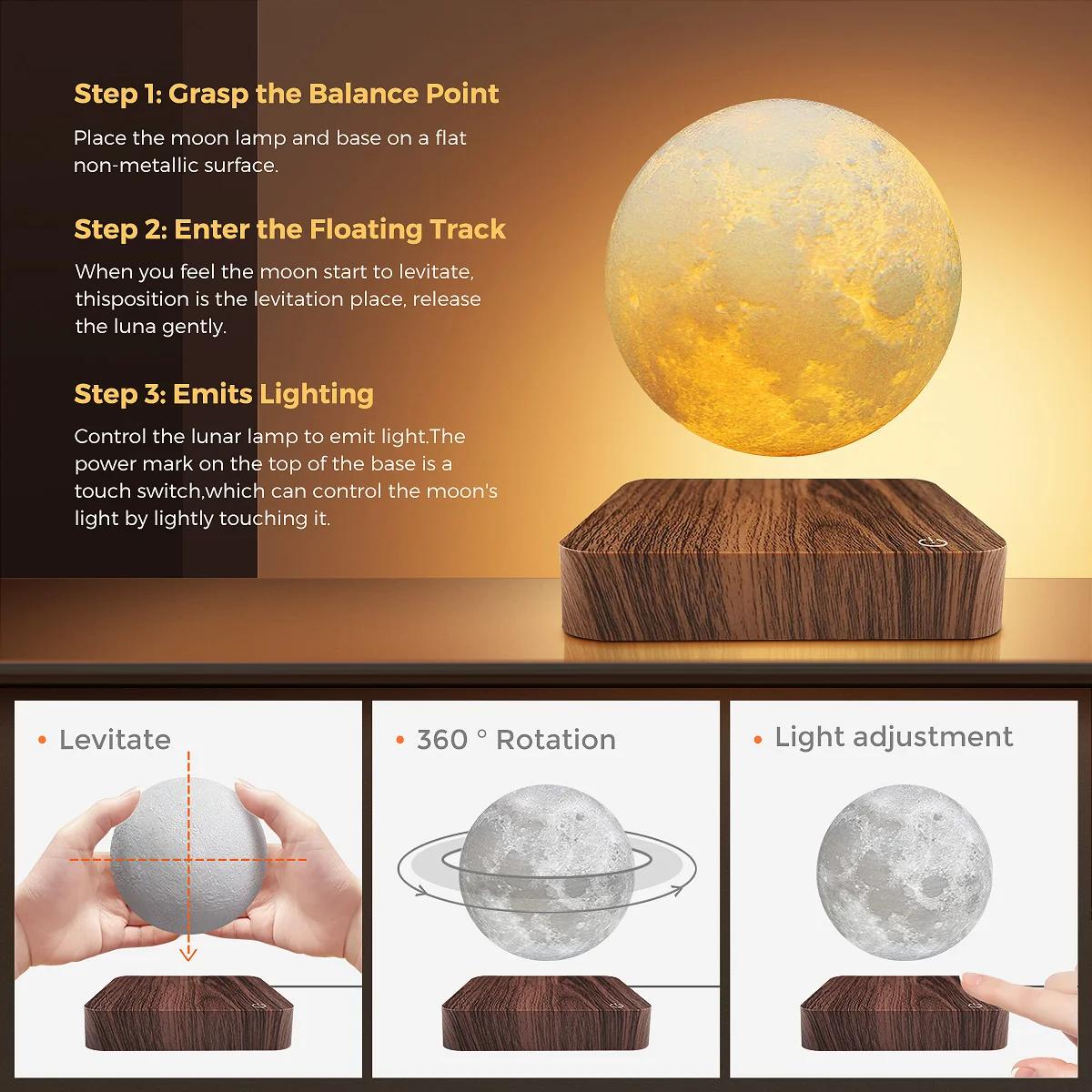 Veilleuse flottante magnétique 3D LED avec base en bois, lampe de table créative, 3 couleurs de temp