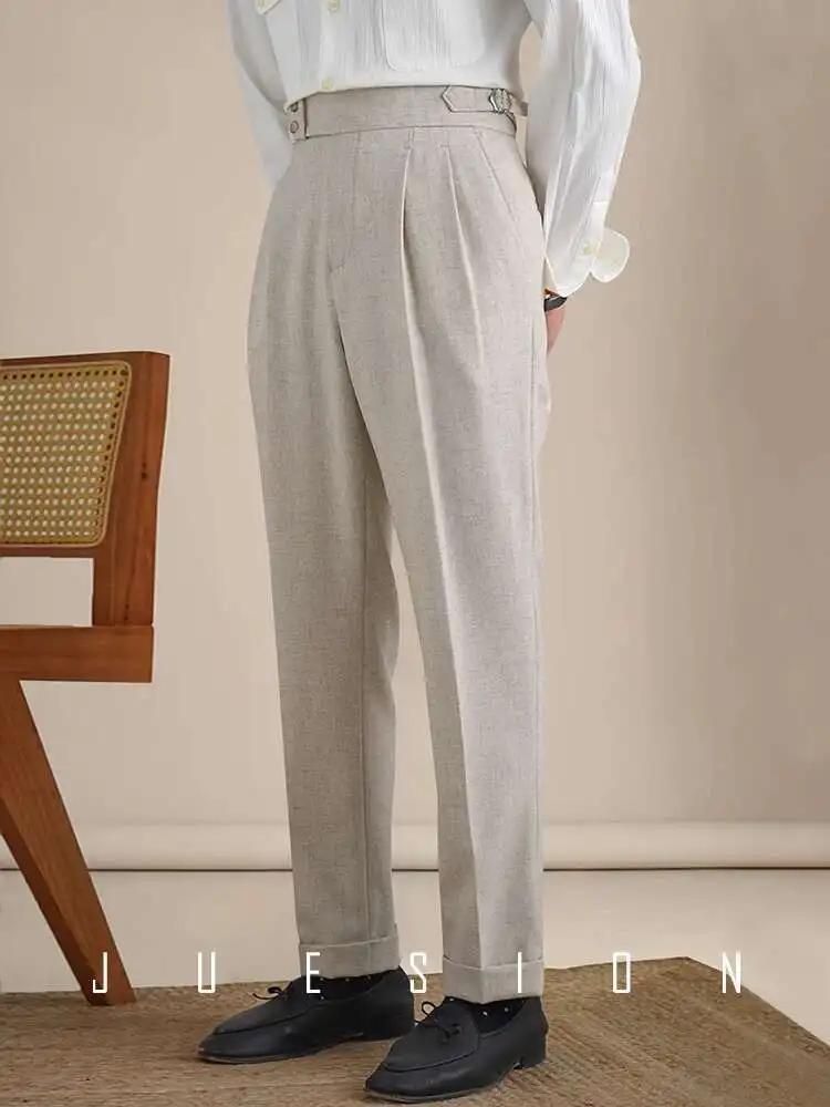 Naples-Pantalon Double en Lin Imbibé pour Homme, Taille Haute, Respirant, Jambe Droite, Bureau, FjMe