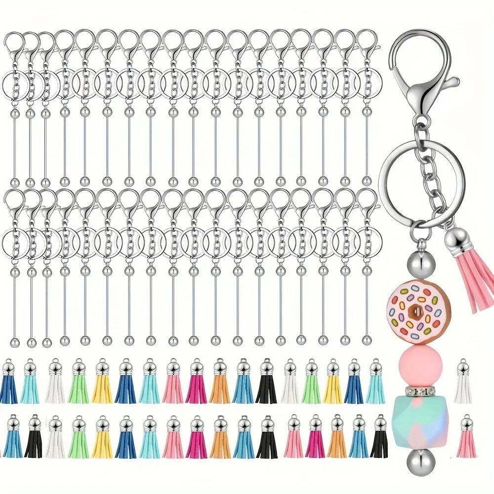 Porte-clés perlé, barres vierges, bandes colorées en cuir, pompon ample pour bricolage, pendentif, b