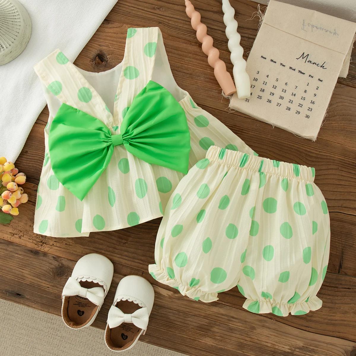 Ensemble 2 pièces pour petites filles, haut et short sans manches avec nœud à pois, Style coréen, te