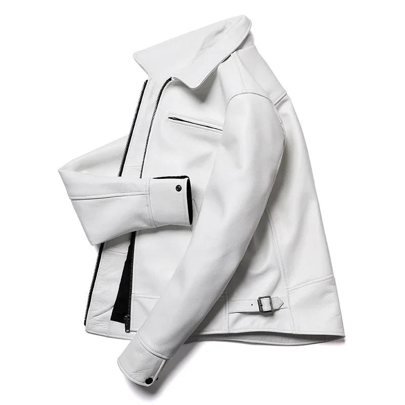 Veste en cuir de vache naturel blanc pour hommes, manteau en cuir véritable, coupe cintrée, vêtement