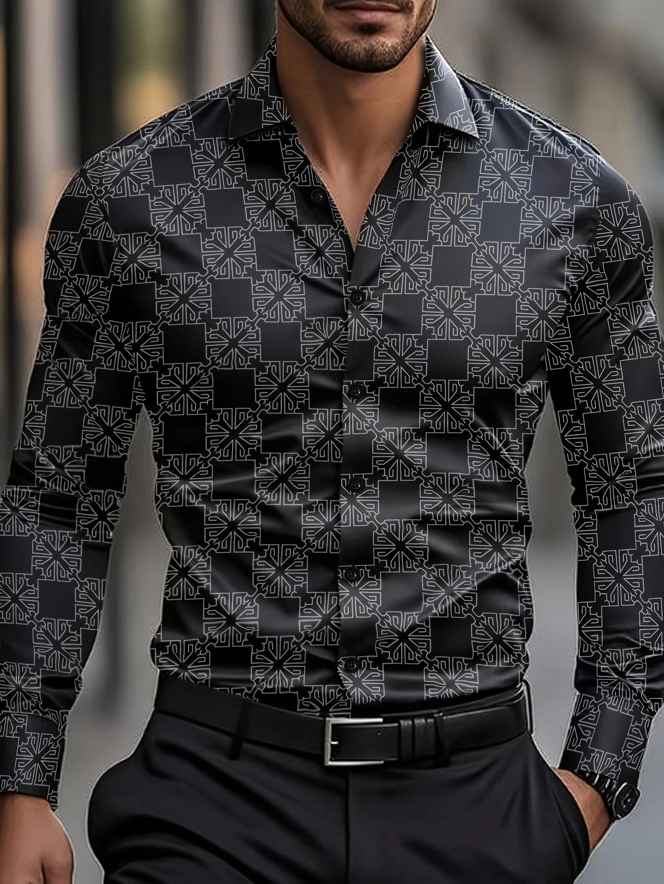 Chemise élégante à manches longues pour hommes à imprimé géométrique, chemise boutonnée décontractée