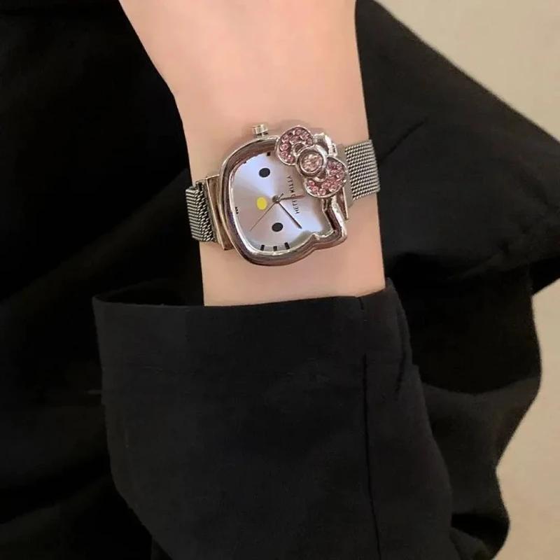 Montre à quartz tendance Sanrio Anime Hello Kitty avec nœud, montre à quartz avec petit cadran magné