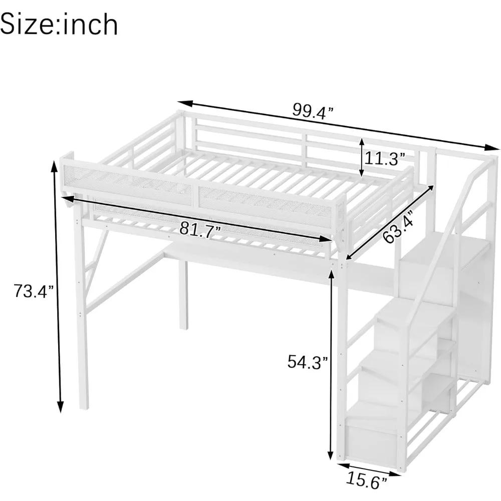 Lit mezzanine en métal robuste taille Queen avec 5 rangements, bureau et escalier