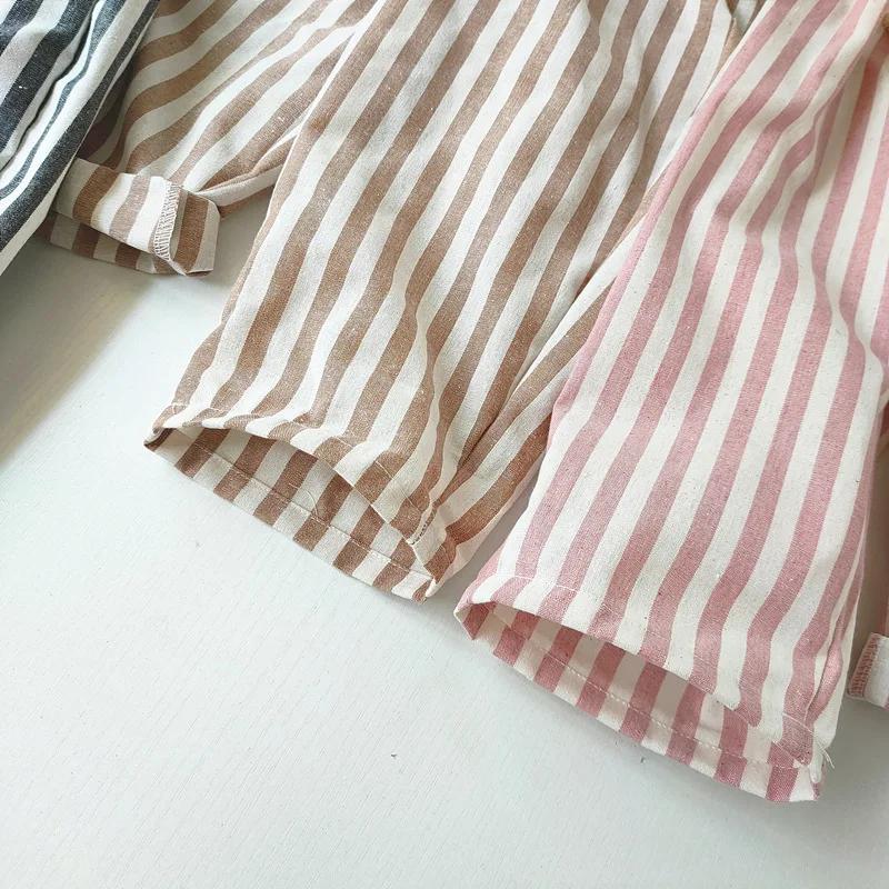 Pantalon à rayures en coton et lin pour garçon et fille, style décontracté, été automne
