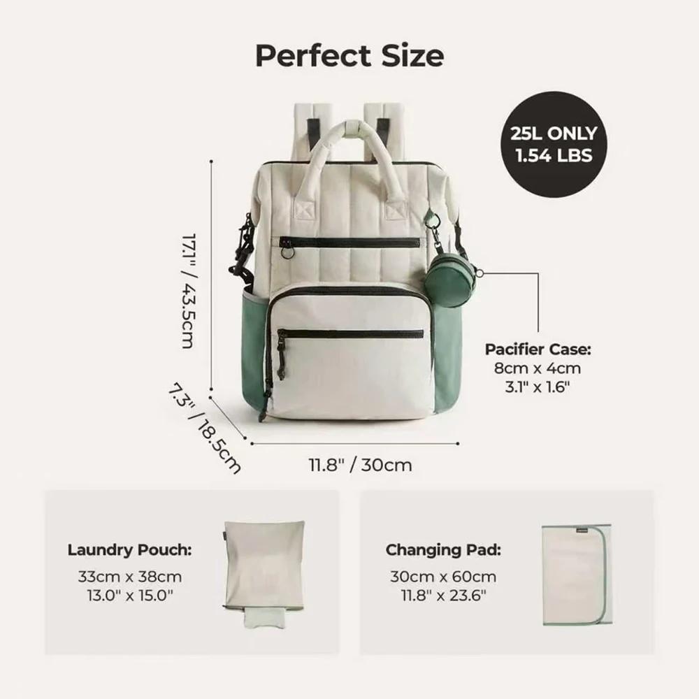 Sac à couches à dos contrasté blanc et vert, avec petite pochette, organisateur minimaliste des esse