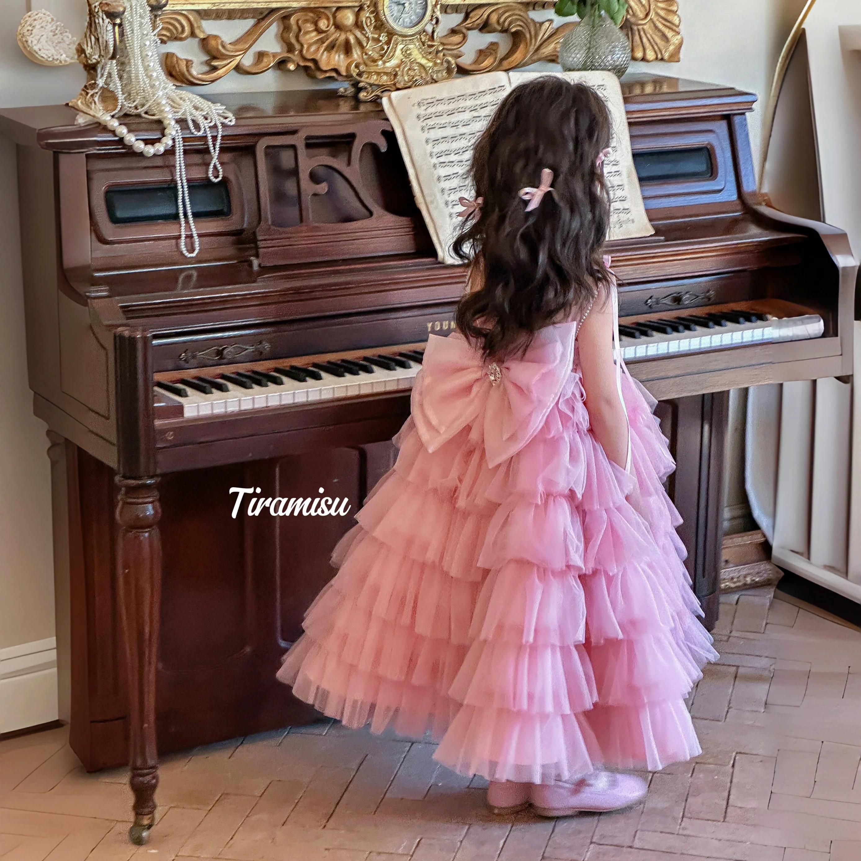 Robe de princesse d'été UNITIM pour filles, robe en gaze rose à fleurs brillantes pour enfants, robe