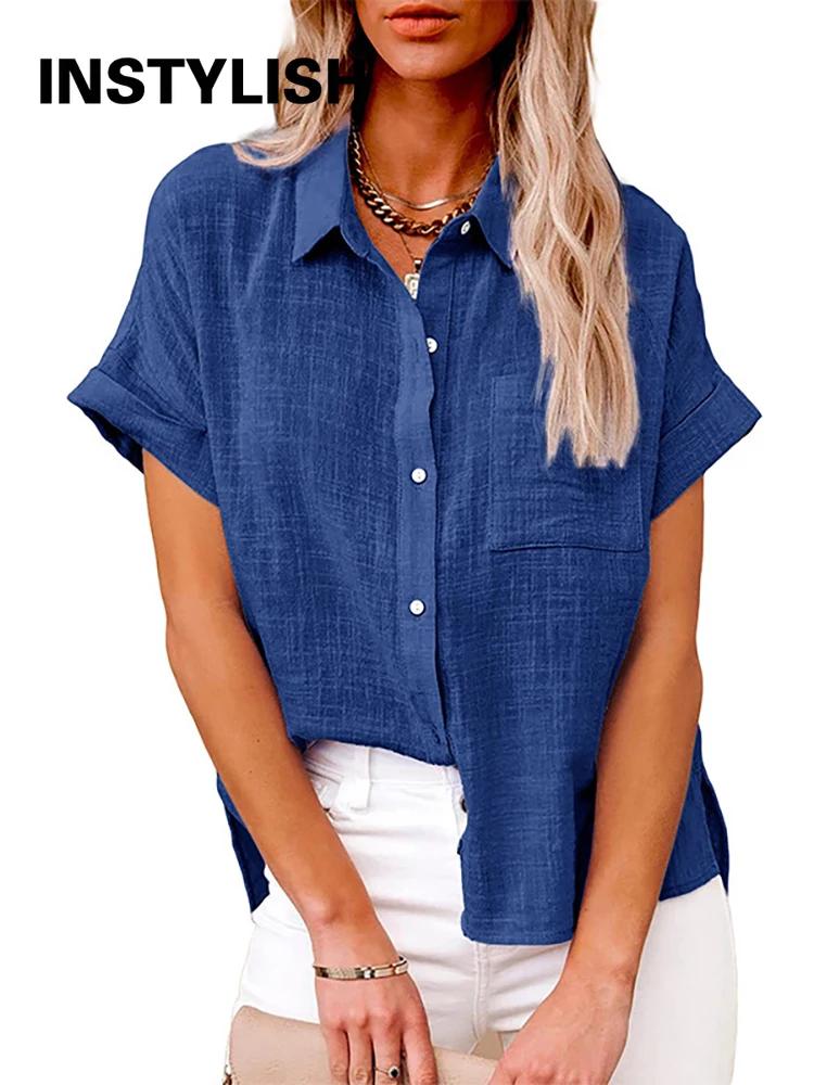 Chemisier ample en coton et lin pour femmes, décontracté, couleur unie, manches courtes, Vintage, Ha
