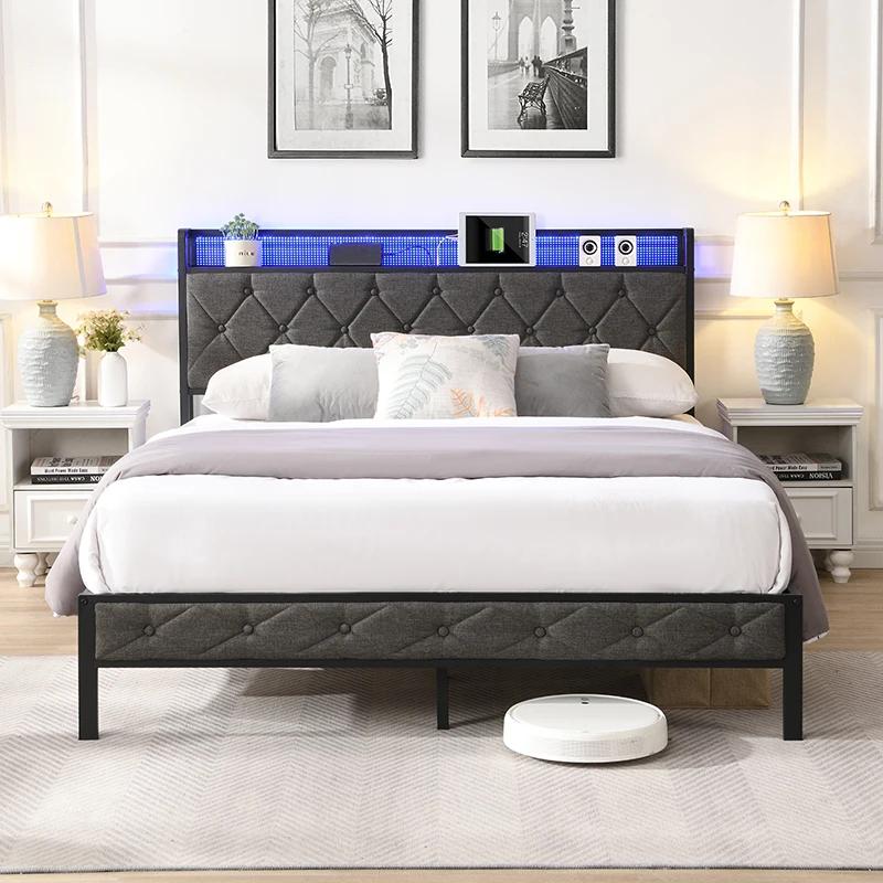 Cadre de lit King avec planche de sauna de rangement, station de charge et lumières LED, lit platefo