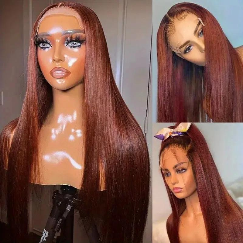 Perruque Lace Closure Wig Brésilienne Naturelle, Cheveux Lisses, Brun Rousse, Auburn, Cuivre, 4x4, D
