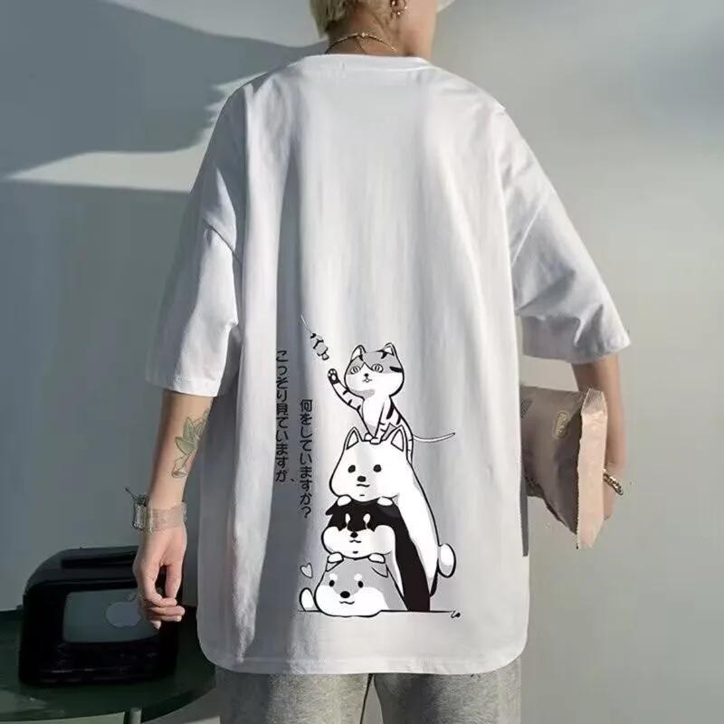 Pull à col rond extra large pour homme, chaton empilable, impression, manches moyennes, t-shirt amér