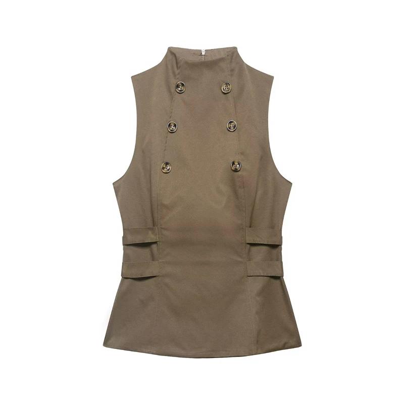 Gilet décontracté pour femme, bicolore, à double boutonnage, col montant, sans manches, cintré à la