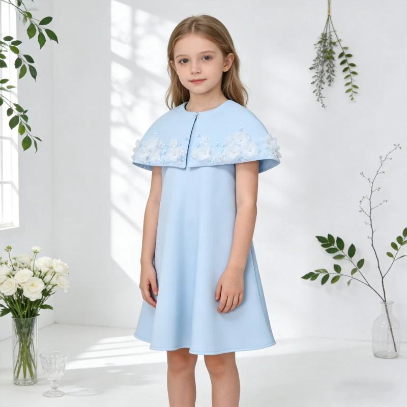 Robe de princesse bleu clair élégante pour filles 2026 avec cape et jupe à volants, idéale pour les
