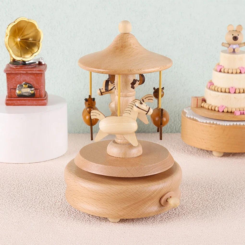 Boîte à musique carrousel en bois, ornements rotatifs à manivelle, bricolage fait à la main, cadeau