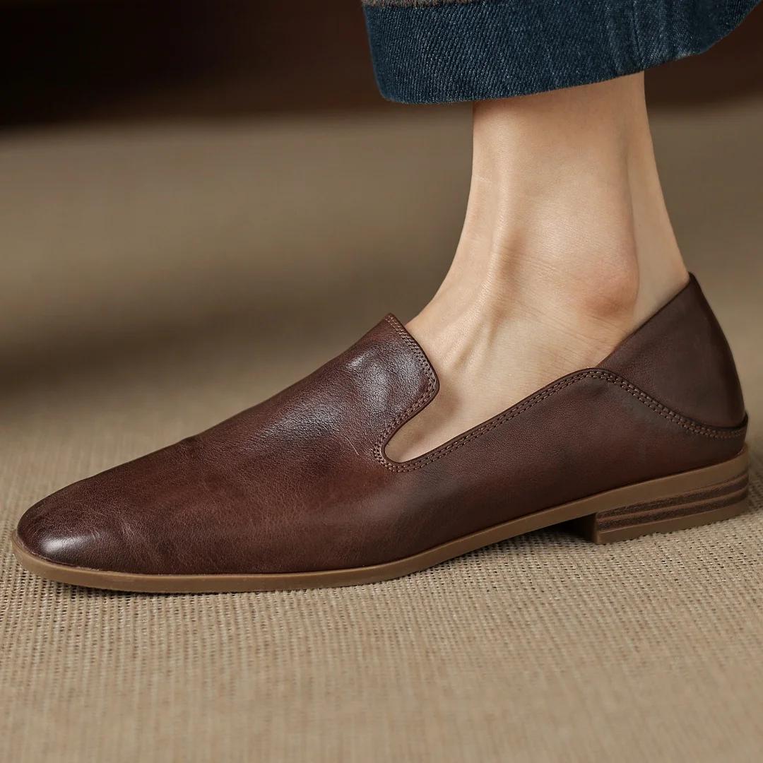 Mocassins plats à enfiler en cuir de vache pour femmes, bout carré, de haute qualité, doux, conforta