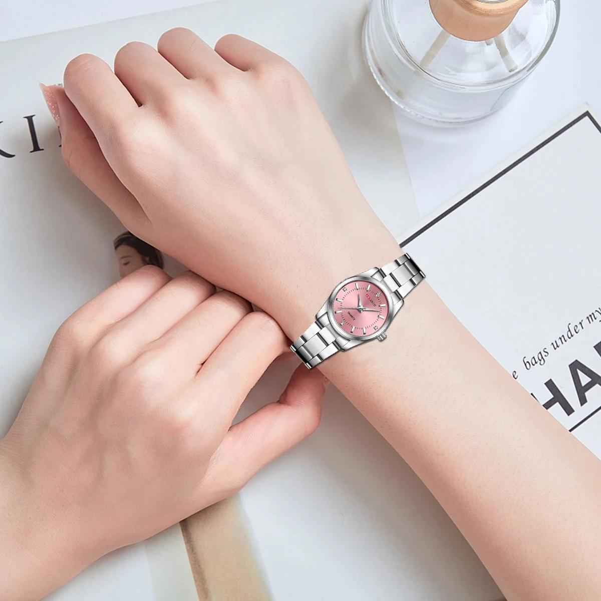 Montre pour femme de luxe 29mm à la mode en acier inoxydable strass rose minimaliste fille horloge e
