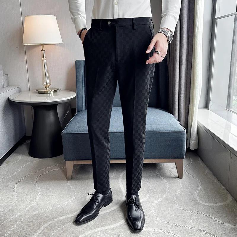 Automne hiver coréen Plaid pantalons décontractés hommes coupe ajustée robe d'affaires costume panta