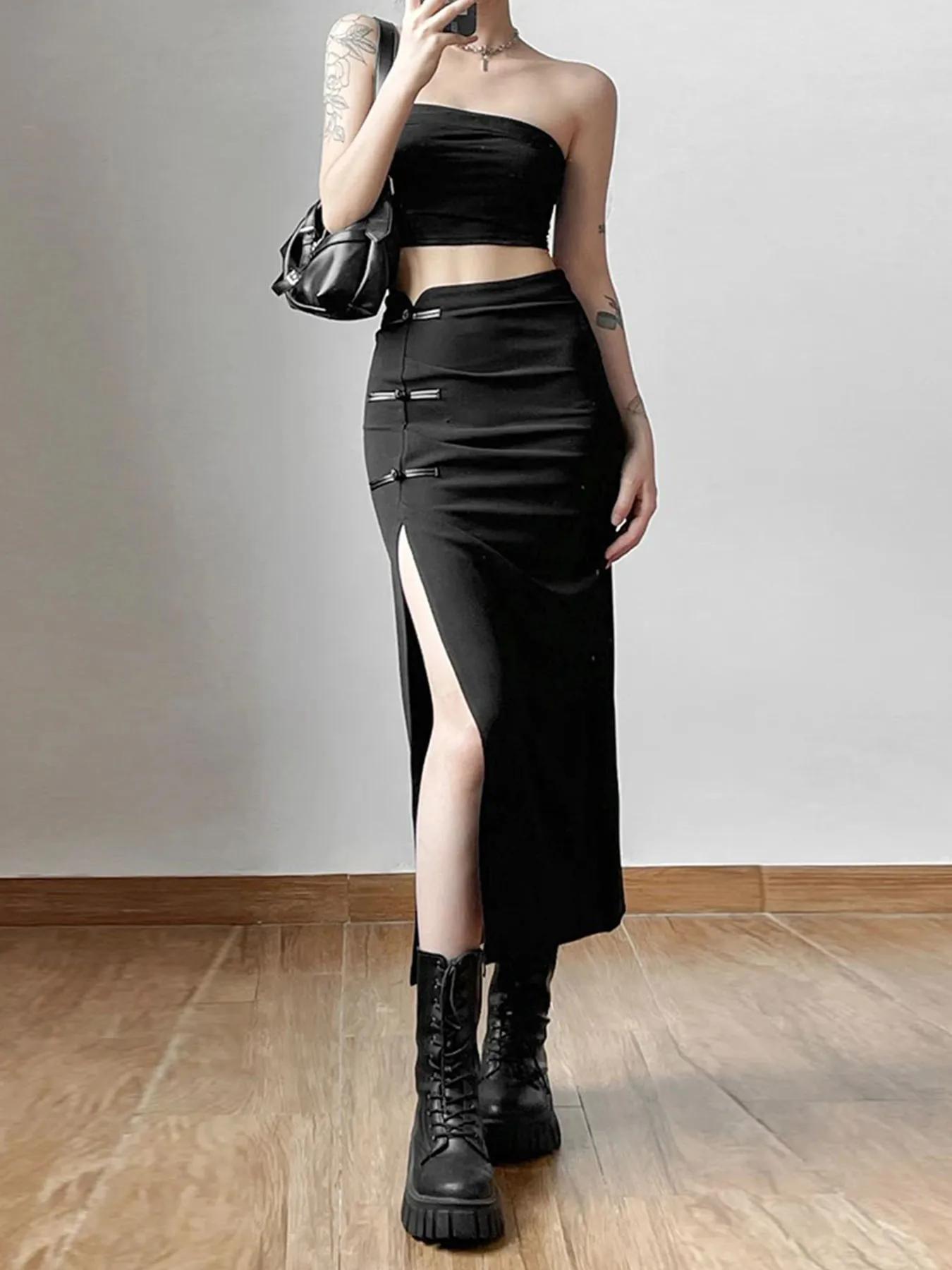 Jupe noire Sexy fendue, Simple, décontractée, assortie avec tout, pour sortie de rue, Cool, Mature,